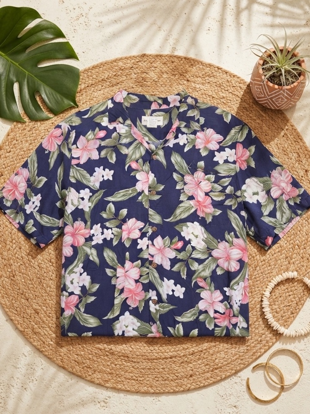 HAWAIIAN RESERVE COLLECTION Hibiscus Navy Pink Floral Camp Collar Aloha Shirt